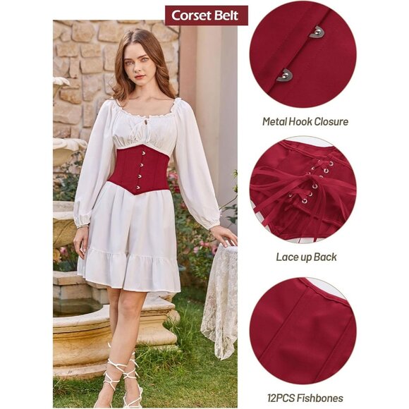 Women's Wine Red Floral Lace Up Boned Underbust Darkness Corset Waist Belts - Picture 3 of 9